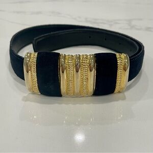Vintage 80’s Style Fashion Black And Gold - Suede- Genuine Leather Belt Small